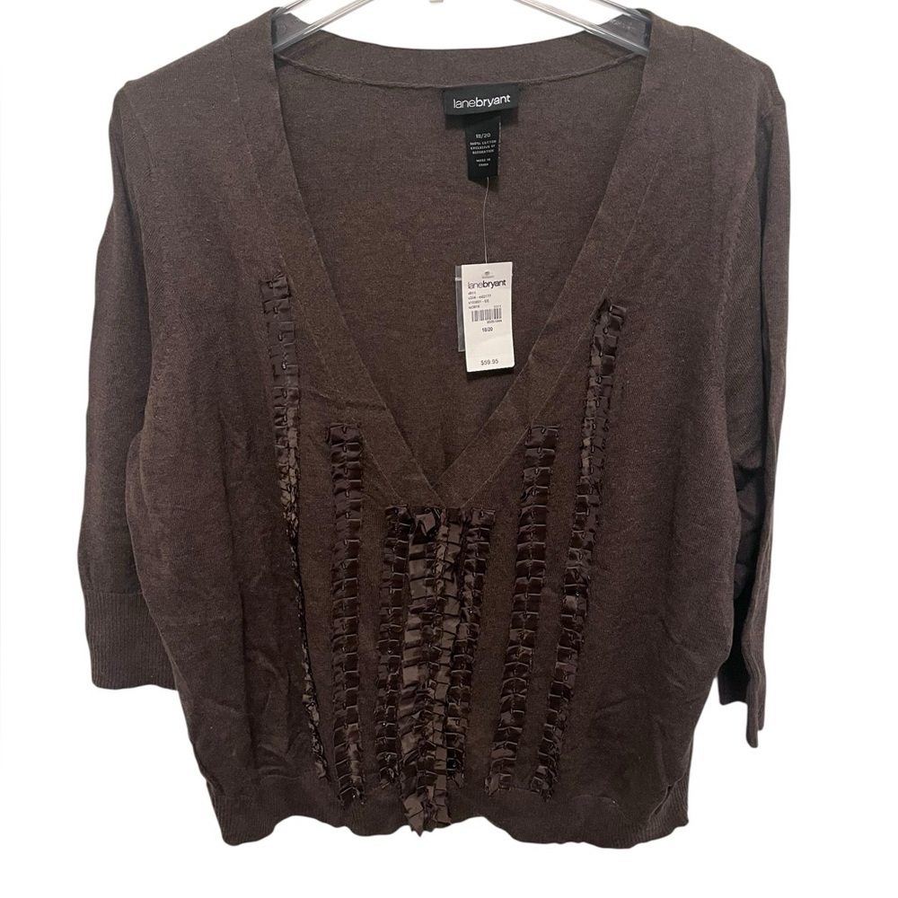 Lane Bryant Chocolate Brown Knit Cardigan with fun ribbon accents. NWT
